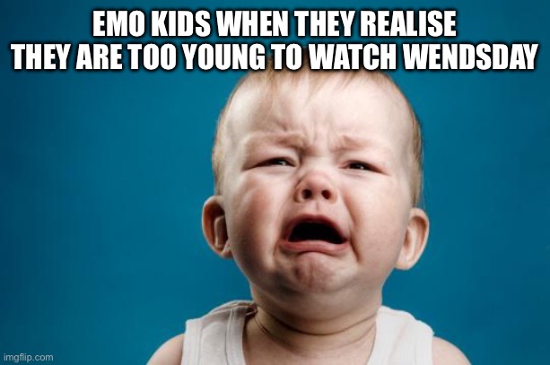 BABY CRYING | EMO KIDS WHEN THEY REALISE THEY ARE TOO YOUNG TO WATCH WENDSDAY | image tagged in baby crying | made w/ Imgflip meme maker