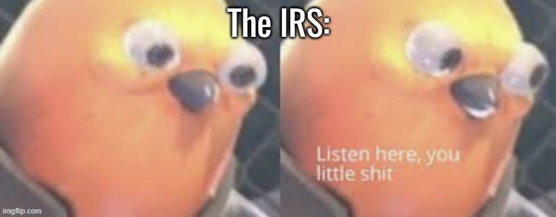 Listen here you little shit bird | The IRS: | image tagged in listen here you little shit bird | made w/ Imgflip meme maker