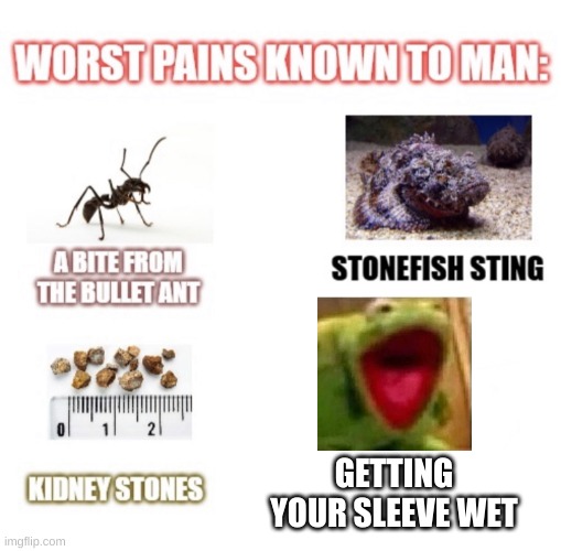 Ah | GETTING YOUR SLEEVE WET | image tagged in worst pains known to man | made w/ Imgflip meme maker