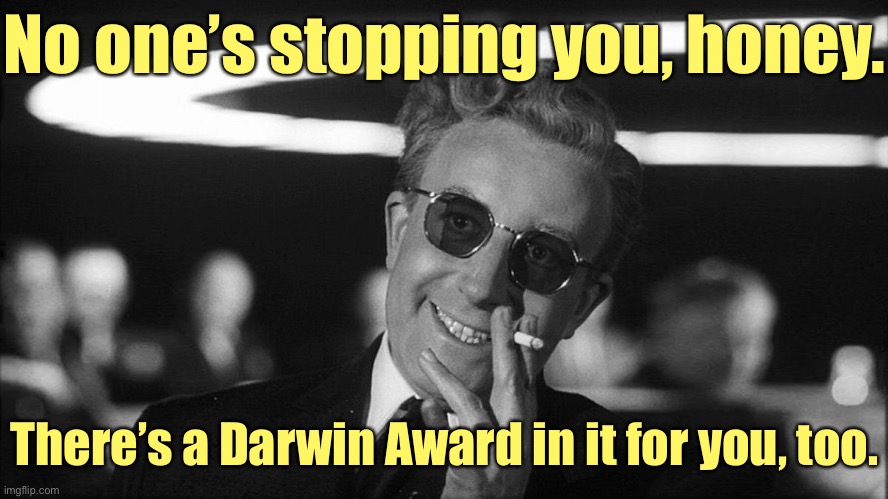 Doctor Strangelove says... | No one’s stopping you, honey. There’s a Darwin Award in it for you, too. | image tagged in doctor strangelove says | made w/ Imgflip meme maker