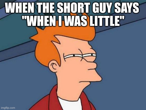 GGGGVVGVBGVGFCVHGVFCXDZSCFVBGHJIKJHGCFXDZ | WHEN THE SHORT GUY SAYS 
"WHEN I WAS LITTLE" | image tagged in memes,futurama fry | made w/ Imgflip meme maker
