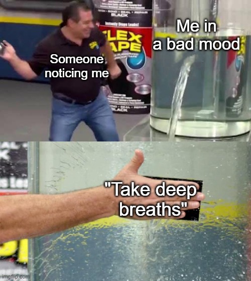 Meh | Me in a bad mood; Someone noticing me; "Take deep
 breaths" | image tagged in flex tape,funny,relatable | made w/ Imgflip meme maker