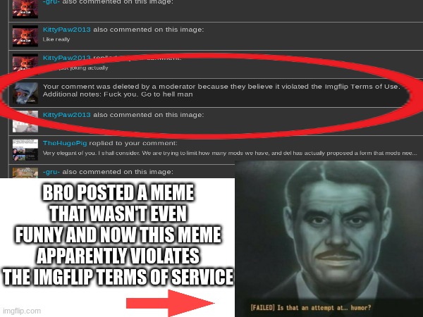 BRO POSTED A MEME THAT WASN'T EVEN FUNNY AND NOW THIS MEME APPARENTLY VIOLATES THE IMGFLIP TERMS OF SERVICE | made w/ Imgflip meme maker
