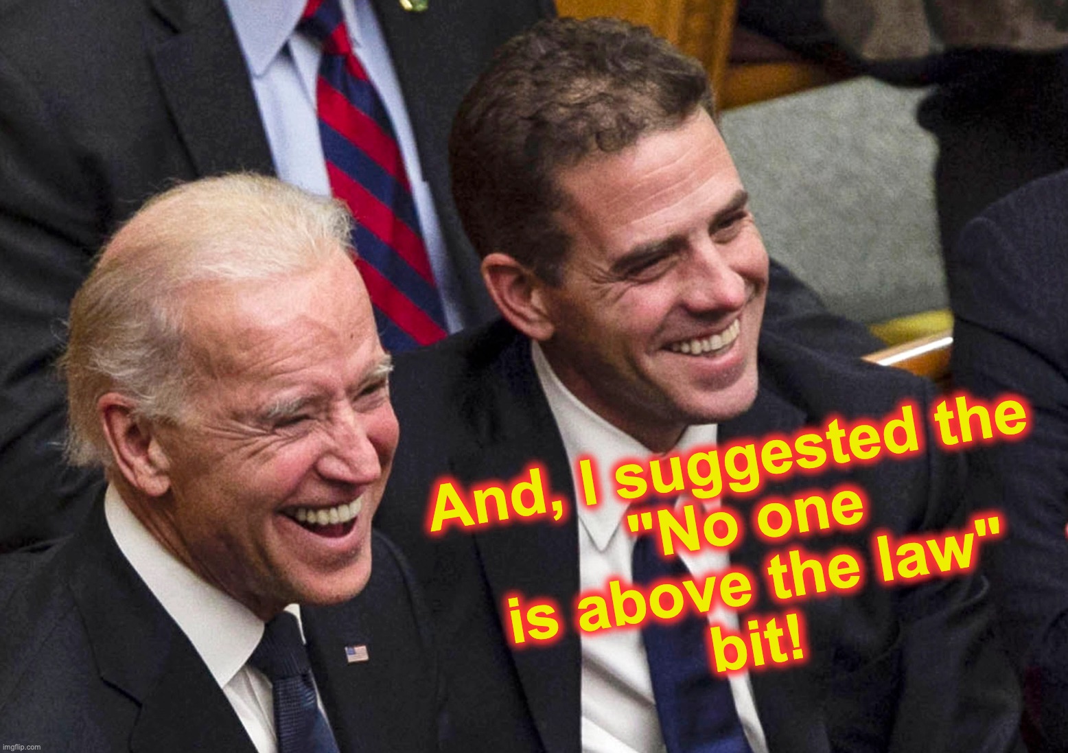 [warning: it-takes-one satire] | And, I suggested the
 "No one
 is above the law"

bit! | image tagged in hunter,biden,joe biden | made w/ Imgflip meme maker