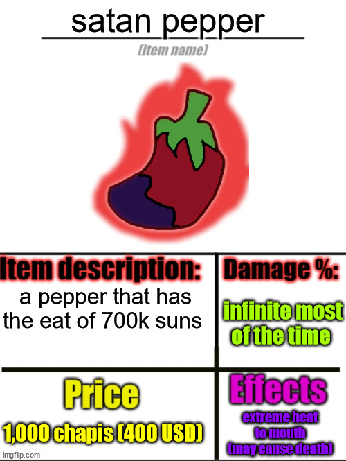 does anyone remember the satan pepper? | satan pepper; a pepper that has the eat of 700k suns; infinite most of the time; 1,000 chapis (400 USD); extreme heat to mouth (may cause death) | image tagged in item-shop extended | made w/ Imgflip meme maker