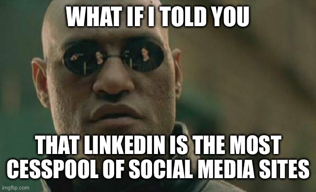 It is a wretched hive of cesspool | WHAT IF I TOLD YOU; THAT LINKEDIN IS THE MOST CESSPOOL OF SOCIAL MEDIA SITES | image tagged in memes,matrix morpheus | made w/ Imgflip meme maker