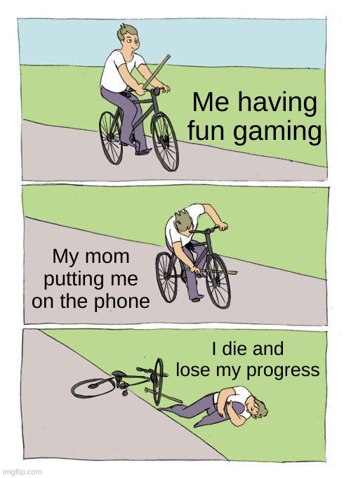 Bike Fall | Me having fun gaming; My mom putting me on the phone; I die and lose my progress | image tagged in memes,bike fall | made w/ Imgflip meme maker