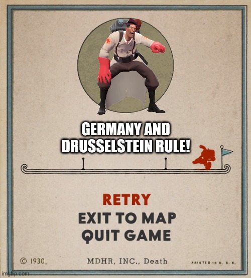 TF2 medic combines with Doofensmirtz boss battle | GERMANY AND DRUSSELSTEIN RULE! | image tagged in cuphead death screen,phineas and ferb,tf2 | made w/ Imgflip meme maker