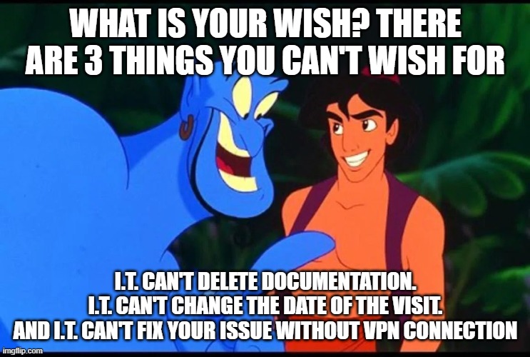 IT | WHAT IS YOUR WISH? THERE ARE 3 THINGS YOU CAN'T WISH FOR; I.T. CAN'T DELETE DOCUMENTATION.
I.T. CAN'T CHANGE THE DATE OF THE VISIT.
AND I.T. CAN'T FIX YOUR ISSUE WITHOUT VPN CONNECTION | image tagged in aladdin genie wish | made w/ Imgflip meme maker