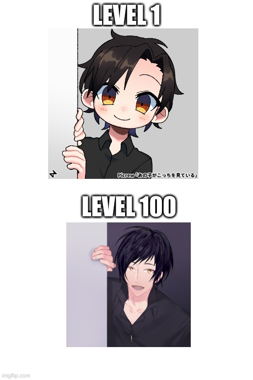 picrew meme i made | LEVEL 1; LEVEL 100 | image tagged in picrew,memes,level 1 level 100 | made w/ Imgflip meme maker