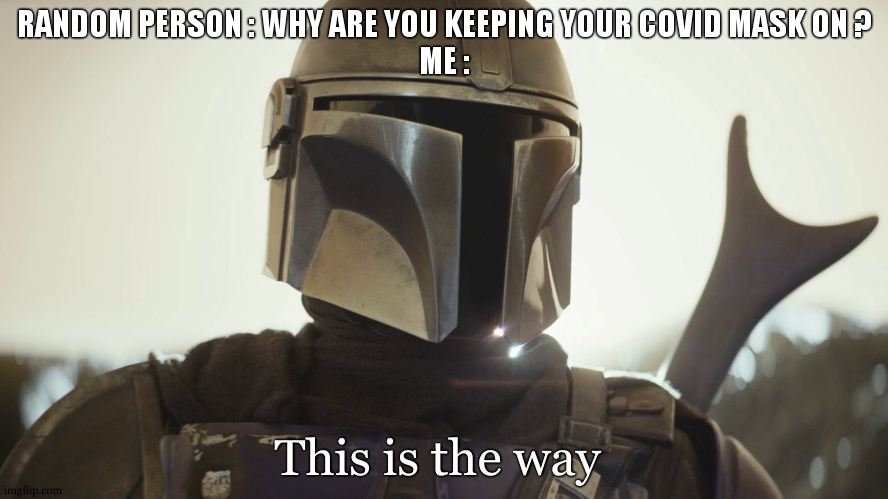 ONLY true fans will understand | RANDOM PERSON : WHY ARE YOU KEEPING YOUR COVID MASK ON ?
ME :; This is the way | image tagged in the mandalorian,this is the way,covid 19,so true,star wars,lol | made w/ Imgflip meme maker