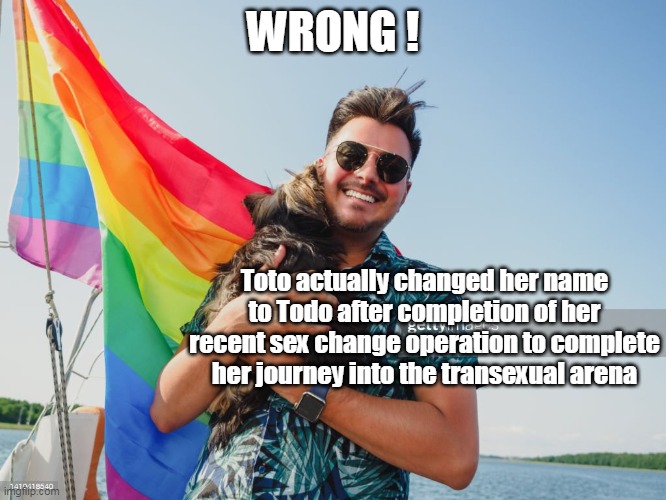 WRONG ! Toto actually changed her name to Todo after completion of her recent sex change operation to complete her journey into the transexu | made w/ Imgflip meme maker