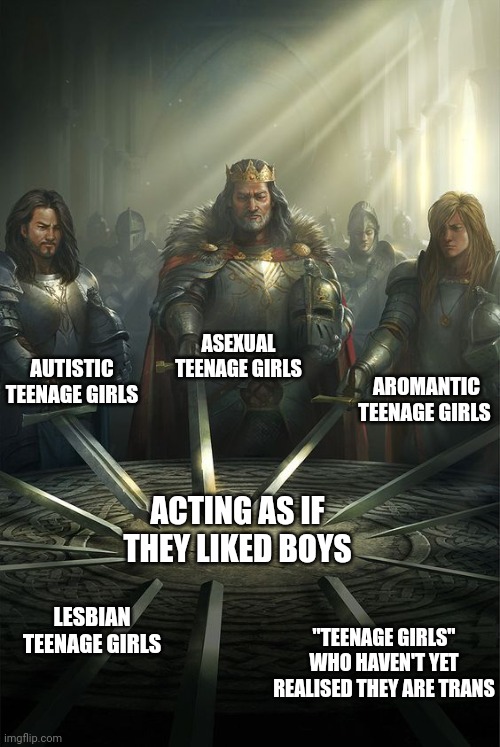 Guess todas menos una | ASEXUAL TEENAGE GIRLS; AUTISTIC TEENAGE GIRLS; AROMANTIC TEENAGE GIRLS; ACTING AS IF THEY LIKED BOYS; LESBIAN TEENAGE GIRLS; "TEENAGE GIRLS" WHO HAVEN'T YET REALISED THEY ARE TRANS | image tagged in knights of the round table,ace,aroace | made w/ Imgflip meme maker