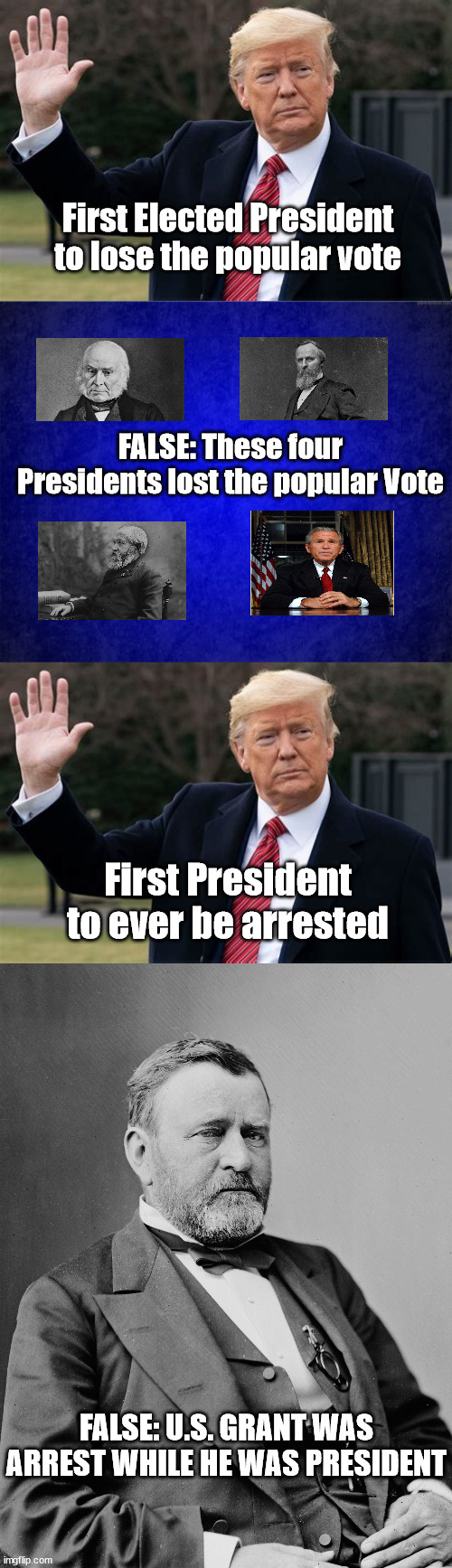 Small Untruths When Presented as Fact are Still Lies | First Elected President to lose the popular vote; FALSE: These four Presidents lost the popular Vote; First President to ever be arrested; FALSE: U.S. GRANT WAS ARREST WHILE HE WAS PRESIDENT | image tagged in trump,msm lies,democrats | made w/ Imgflip meme maker