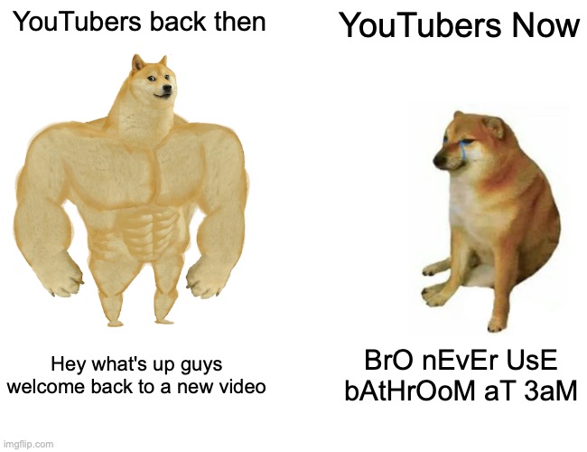 True | YouTubers back then; YouTubers Now; Hey what's up guys welcome back to a new video; BrO nEvEr UsE bAtHrOoM aT 3aM | image tagged in memes,buff doge vs cheems | made w/ Imgflip meme maker