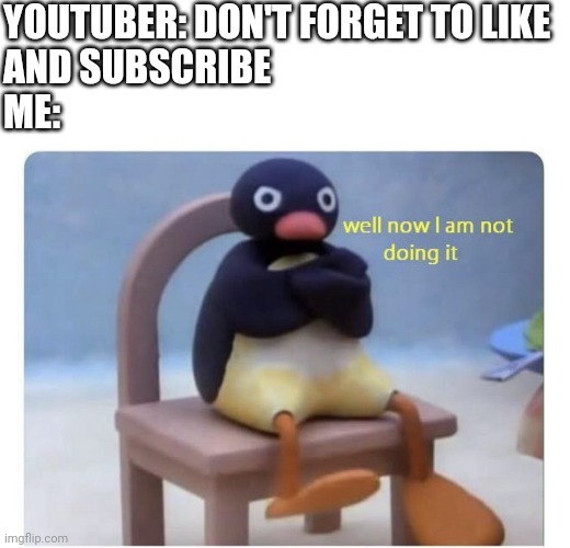 well now I am not doing it | YOUTUBER: DON'T FORGET TO LIKE 
AND SUBSCRIBE
ME: | image tagged in well now i am not doing it,relatable | made w/ Imgflip meme maker