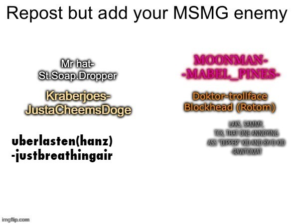 the total is 184975 but im not gonna say all of them <3 | LAKS, SAMMY, TCK, THAT ONE ANNOYING ASS "DIPPER" KID AND 8Y/O KID
-RAWTOMAT | made w/ Imgflip meme maker