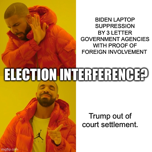 Paid for liberal judges can make up shit | BIDEN LAPTOP SUPPRESSION BY 3 LETTER GOVERNMENT AGENCIES WITH PROOF OF FOREIGN INVOLVEMENT; ELECTION INTERFERENCE? Trump out of court settlement. | image tagged in trump,biden,fbi,cia,censorship,election interference | made w/ Imgflip meme maker