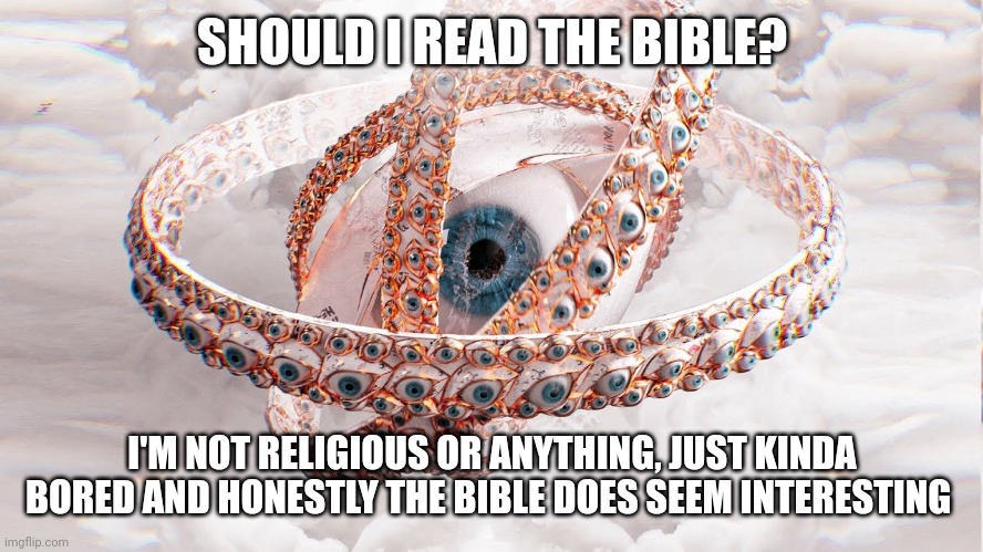 SHOULD I READ THE BIBLE? I'M NOT RELIGIOUS OR ANYTHING, JUST KINDA BORED AND HONESTLY THE BIBLE DOES SEEM INTERESTING | image tagged in biblically accurate angel | made w/ Imgflip meme maker