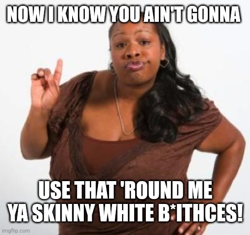 sassy black woman | NOW I KNOW YOU AIN'T GONNA USE THAT 'ROUND ME YA SKINNY WHITE B*ITHCES! | image tagged in sassy black woman | made w/ Imgflip meme maker