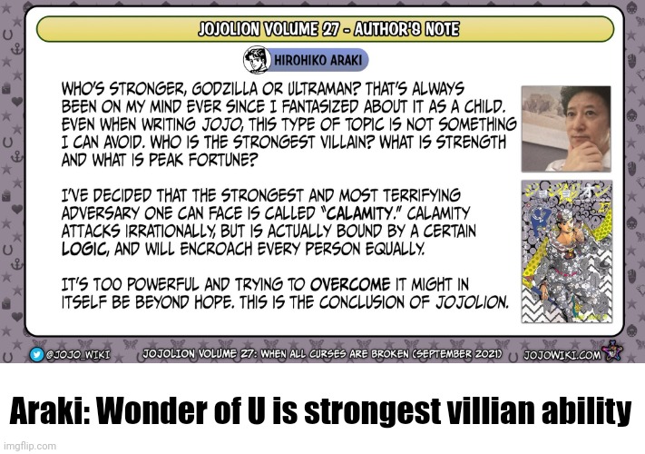 Araki: Wonder of U is strongest villian ability | made w/ Imgflip meme maker