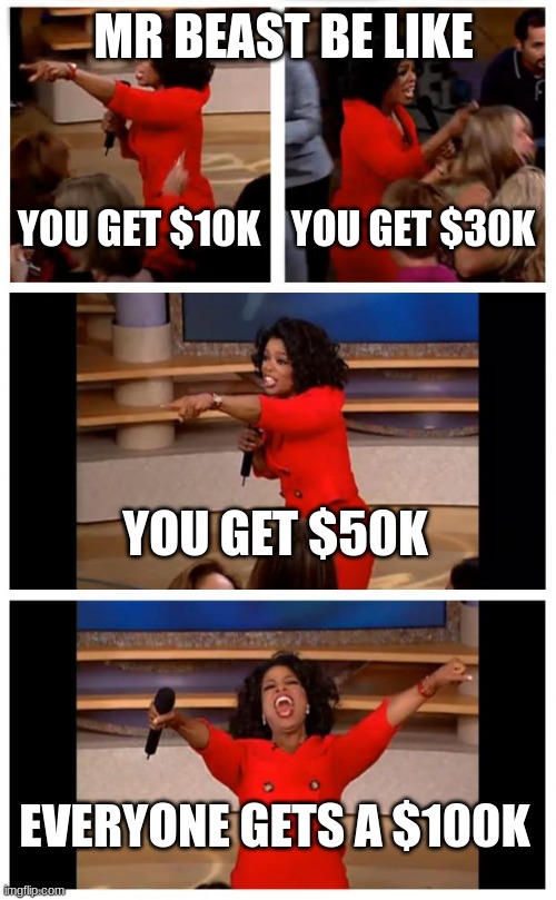 Oprah You Get A Car Everybody Gets A Car Meme | MR BEAST BE LIKE; YOU GET $10K; YOU GET $30K; YOU GET $50K; EVERYONE GETS A $100K | image tagged in memes,oprah you get a car everybody gets a car | made w/ Imgflip meme maker