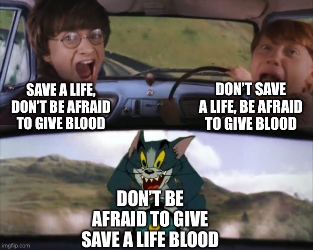 Tom chasing Harry and Ron Weasly | SAVE A LIFE, DON’T BE AFRAID TO GIVE BLOOD DON’T SAVE A LIFE, BE AFRAID TO GIVE BLOOD DON’T BE AFRAID TO GIVE SAVE A LIFE BLOOD | image tagged in tom chasing harry and ron weasly | made w/ Imgflip meme maker