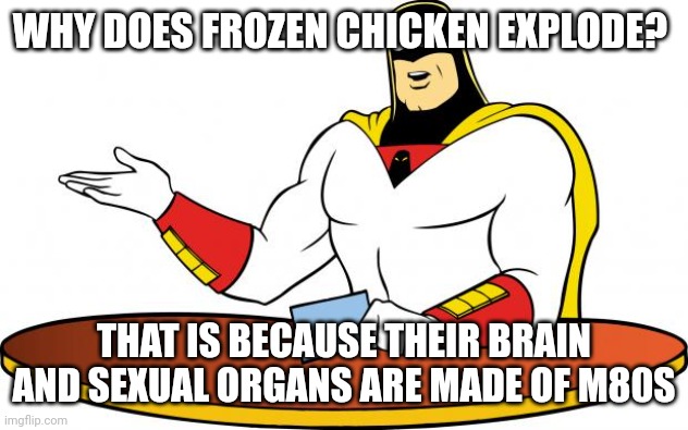 SpaceGhost | WHY DOES FROZEN CHICKEN EXPLODE? THAT IS BECAUSE THEIR BRAIN AND SEXUAL ORGANS ARE MADE OF M80S | image tagged in spaceghost | made w/ Imgflip meme maker