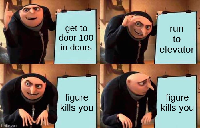Gru's Plan | get to door 100 in doors; run to elevator; figure kills you; figure kills you | image tagged in memes,gru's plan | made w/ Imgflip meme maker
