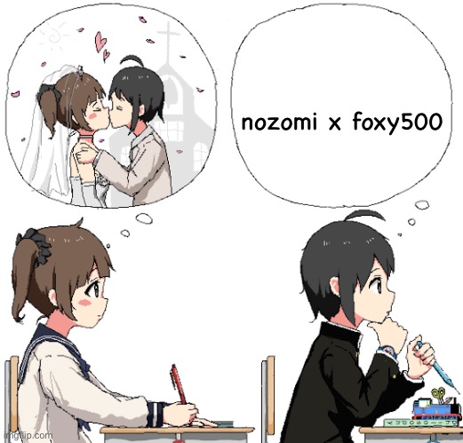 anime girl x pissbaby lion guard fusser | nozomi x foxy500 | image tagged in thinking about marriage | made w/ Imgflip meme maker