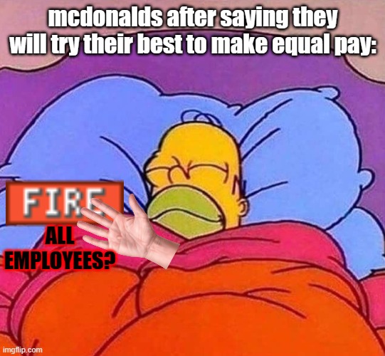 lel | mcdonalds after saying they will try their best to make equal pay:; ALL EMPLOYEES? | image tagged in homer simpson sleeping peacefully | made w/ Imgflip meme maker