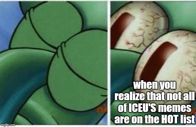 Squidward | when you realize that not all of ICEU'S memes are on the HOT list | image tagged in squidward | made w/ Imgflip meme maker