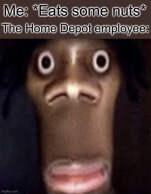 Quandale dingle | The Home Depot employee:; Me: *Eats some nuts* | image tagged in quandale dingle,memes | made w/ Imgflip meme maker
