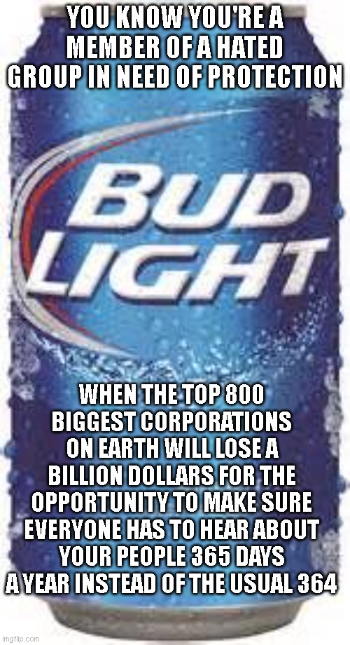 Bud Light Beer | YOU KNOW YOU'RE A MEMBER OF A HATED GROUP IN NEED OF PROTECTION; WHEN THE TOP 800 BIGGEST CORPORATIONS ON EARTH WILL LOSE A BILLION DOLLARS FOR THE OPPORTUNITY TO MAKE SURE EVERYONE HAS TO HEAR ABOUT YOUR PEOPLE 365 DAYS A YEAR INSTEAD OF THE USUAL 364 | image tagged in bud light beer | made w/ Imgflip meme maker