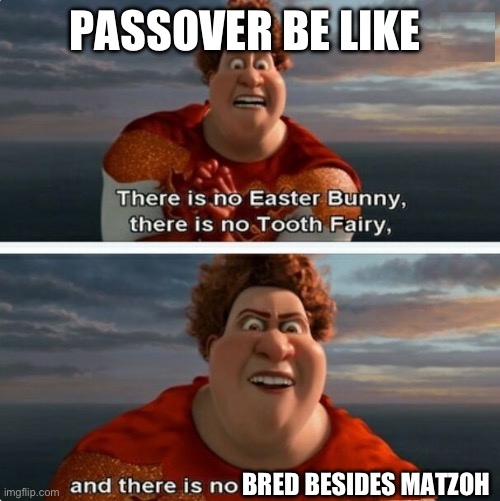 TIGHTEN MEGAMIND "THERE IS NO EASTER BUNNY" | PASSOVER BE LIKE; BRED BESIDES MATZOH | image tagged in tighten megamind there is no easter bunny | made w/ Imgflip meme maker