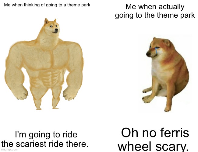 Buff Doge vs. Cheems Meme | Me when thinking of going to a theme park; Me when actually going to the theme park; I'm going to ride the scariest ride there. Oh no ferris wheel scary. | image tagged in memes,buff doge vs cheems | made w/ Imgflip meme maker