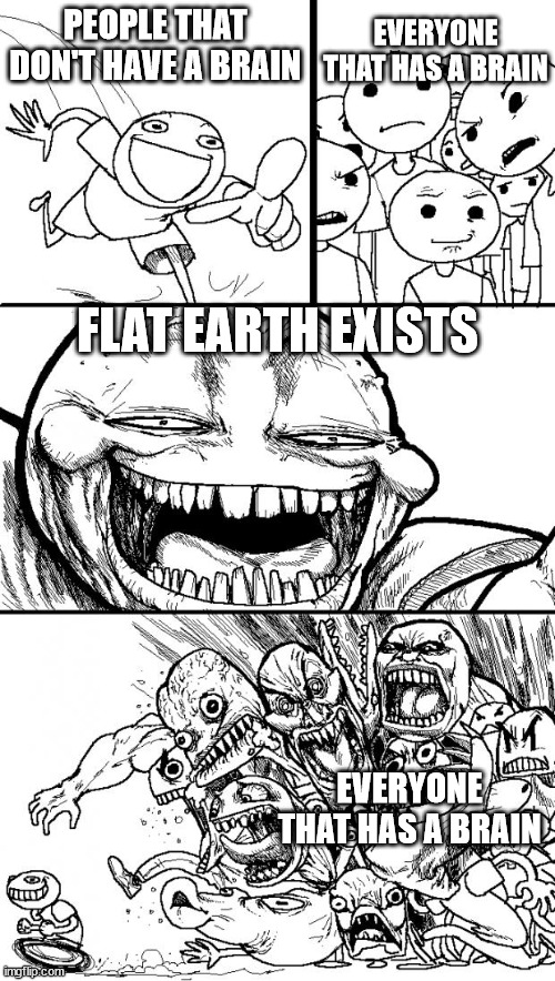 This will make a great impact to my meming career, very controversial | EVERYONE THAT HAS A BRAIN; PEOPLE THAT DON'T HAVE A BRAIN; FLAT EARTH EXISTS; EVERYONE THAT HAS A BRAIN | image tagged in memes,hey internet | made w/ Imgflip meme maker