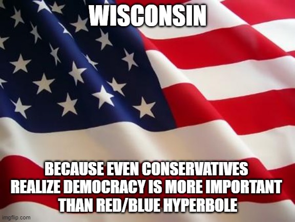 Wisconsin | WISCONSIN; BECAUSE EVEN CONSERVATIVES 
REALIZE DEMOCRACY IS MORE IMPORTANT 
THAN RED/BLUE HYPERBOLE | image tagged in american flag | made w/ Imgflip meme maker