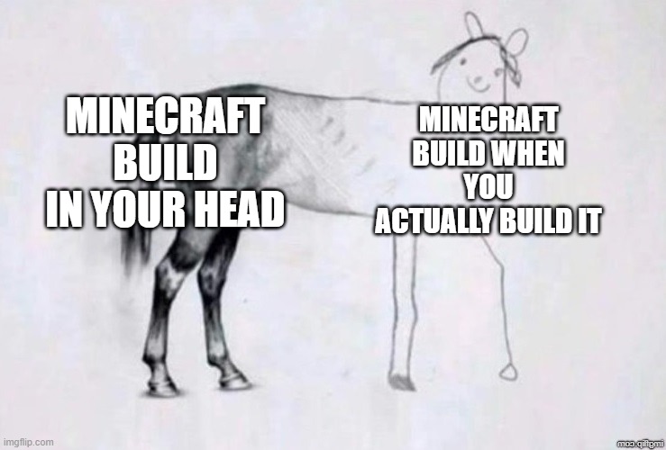 free Peremech | MINECRAFT BUILD IN YOUR HEAD; MINECRAFT BUILD WHEN YOU ACTUALLY BUILD IT | image tagged in horse drawing | made w/ Imgflip meme maker