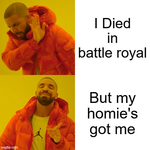 Drake Hotline Bling Meme | I Died in battle royal; But my homie's got me | image tagged in memes,drake hotline bling | made w/ Imgflip meme maker