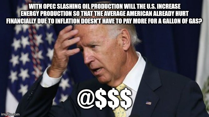 Brandon drained the reserves Trump filled up and begging the Saudi prince failed... | WITH OPEC SLASHING OIL PRODUCTION WILL THE U.S. INCREASE ENERGY PRODUCTION SO THAT THE AVERAGE AMERICAN ALREADY HURT FINANCIALLY DUE TO INFLATION DOESN'T HAVE TO PAY MORE FOR A GALLON OF GAS? @$$$ | image tagged in joe biden worries | made w/ Imgflip meme maker