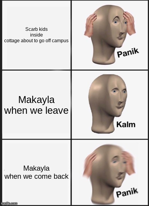 Panik Kalm Panik Meme | Scarb kids inside cottage about to go off campus; Makayla when we leave; Makayla when we come back | image tagged in memes,panik kalm panik | made w/ Imgflip meme maker