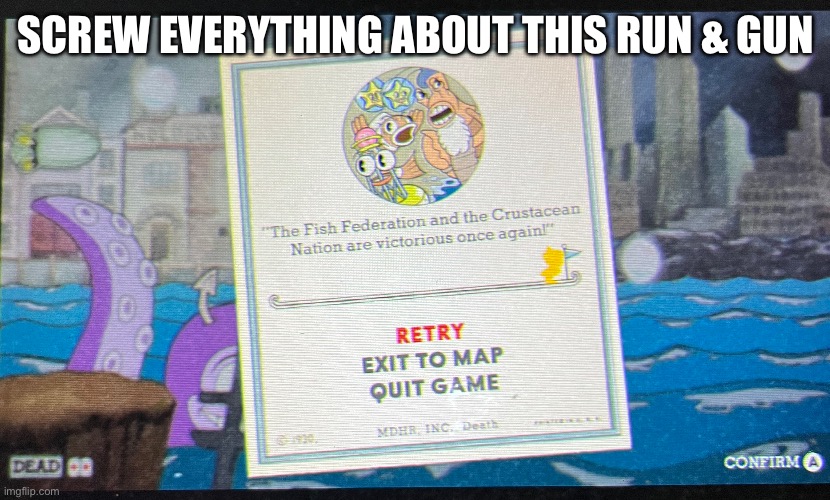 Trying to do run & gun pacifist is absolute hell | SCREW EVERYTHING ABOUT THIS RUN & GUN | image tagged in cuphead | made w/ Imgflip meme maker