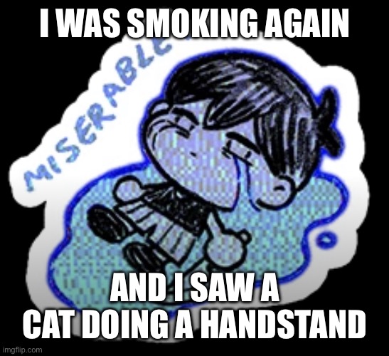 miserable | I WAS SMOKING AGAIN; AND I SAW A CAT DOING A HANDSTAND | image tagged in miserable | made w/ Imgflip meme maker