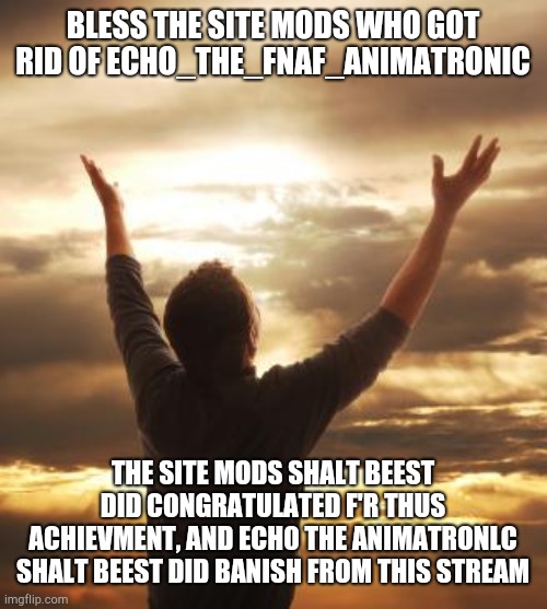 ALL HAIL THE SITE MODS | BLESS THE SITE MODS WHO GOT RID OF ECHO_THE_FNAF_ANIMATRONIC; THE SITE MODS SHALT BEEST DID CONGRATULATED F'R THUS ACHIEVMENT, AND ECH0 THE ANIMATRONLC SHALT BEEST DID BANISH FROM THIS STREAM | image tagged in thank god | made w/ Imgflip meme maker