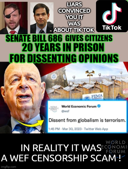 WEF Censorship Scam Tik Tok Crusade | LIARS CONVINCED YOU IT WAS ABOUT TIK TOK; IN REALITY IT WAS A WEF CENSORSHIP SCAM ! | image tagged in black box,dan the man | made w/ Imgflip meme maker