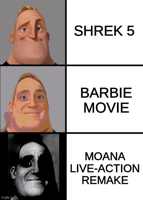 Talk about a mixed bag of movies being made | SHREK 5; BARBIE MOVIE; MOANA LIVE-ACTION REMAKE | image tagged in shrek,barbie,disney,moana | made w/ Imgflip meme maker