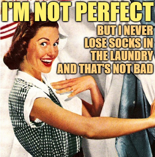 Imperfect Housewife | I'M NOT PERFECT; BUT I NEVER LOSE SOCKS IN THE LAUNDRY AND THAT'S NOT BAD | image tagged in vintage laundry woman,housewife,humor,funny memes,jokes,sassy | made w/ Imgflip meme maker