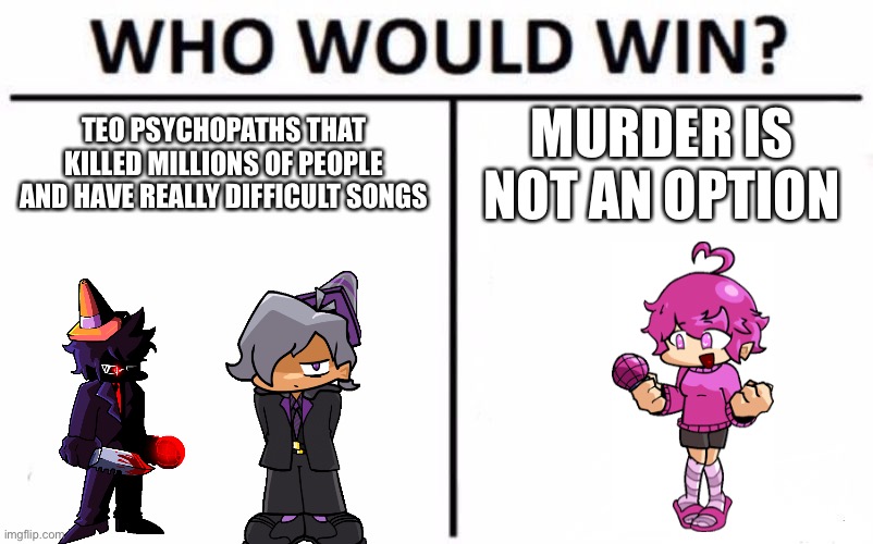 Who Would Win? | TEO PSYCHOPATHS THAT KILLED MILLIONS OF PEOPLE AND HAVE REALLY DIFFICULT SONGS; MURDER IS NOT AN OPTION | image tagged in memes,who would win | made w/ Imgflip meme maker