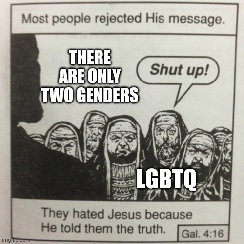They hated jesus because he told them the truth | THERE ARE ONLY TWO GENDERS; LGBTQ | image tagged in they hated jesus because he told them the truth | made w/ Imgflip meme maker